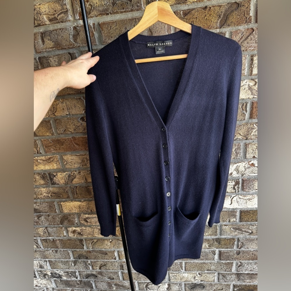 Ralph Lauren Womens 100% Cashmere Black Label Button Navy Cardigan Size Medium - Picture 8 of 13